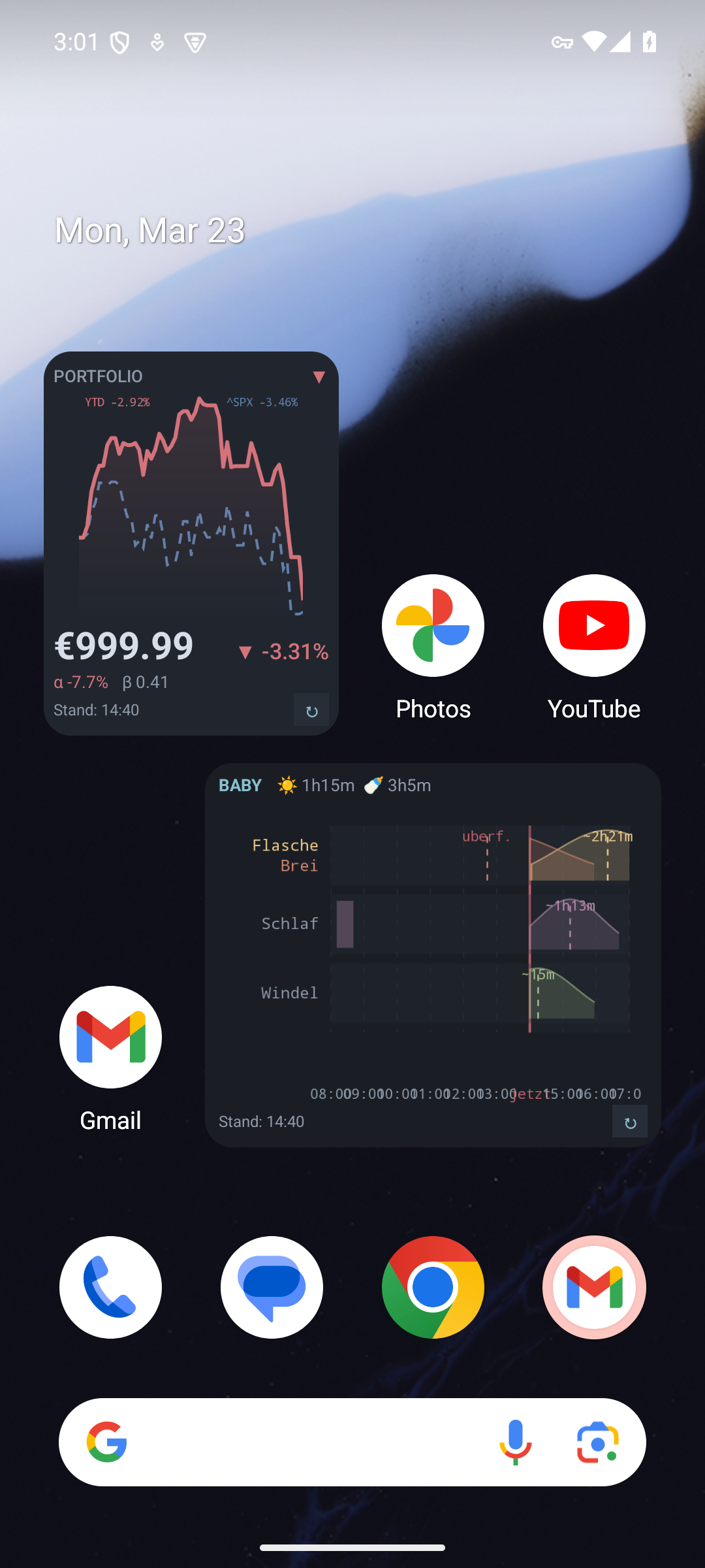 Portfolio and Baby Glance widgets with charts